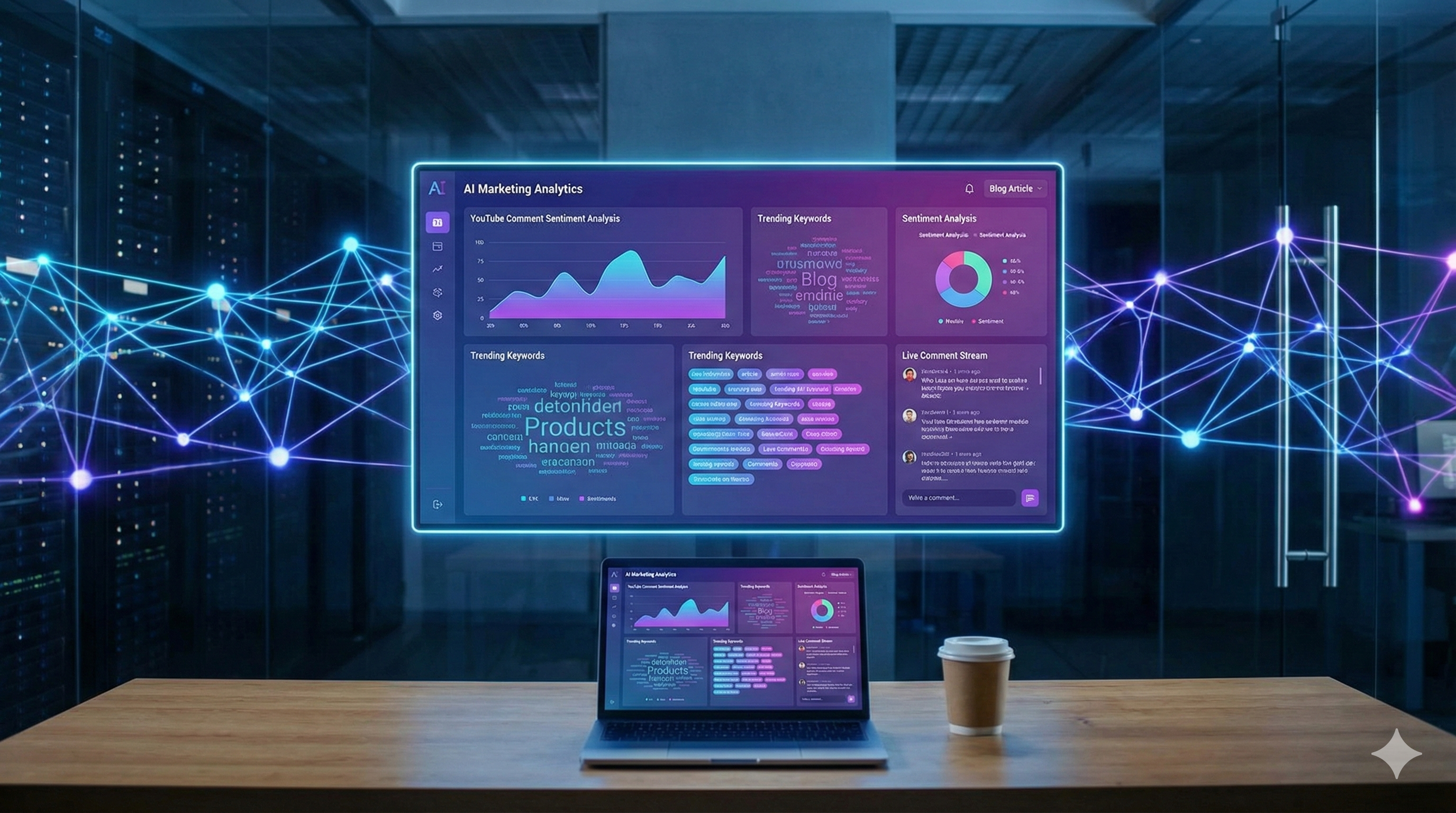 AI Dashboard analyzing YouTube comments with purple gradient theme